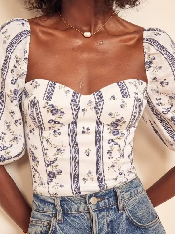 Blue Floral Puff Sleeve Crop Top | Striped Corset Top | noémi
