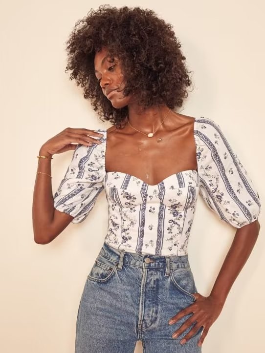 Blue Floral Puff Sleeve Crop Top | Striped Corset Top | noémi