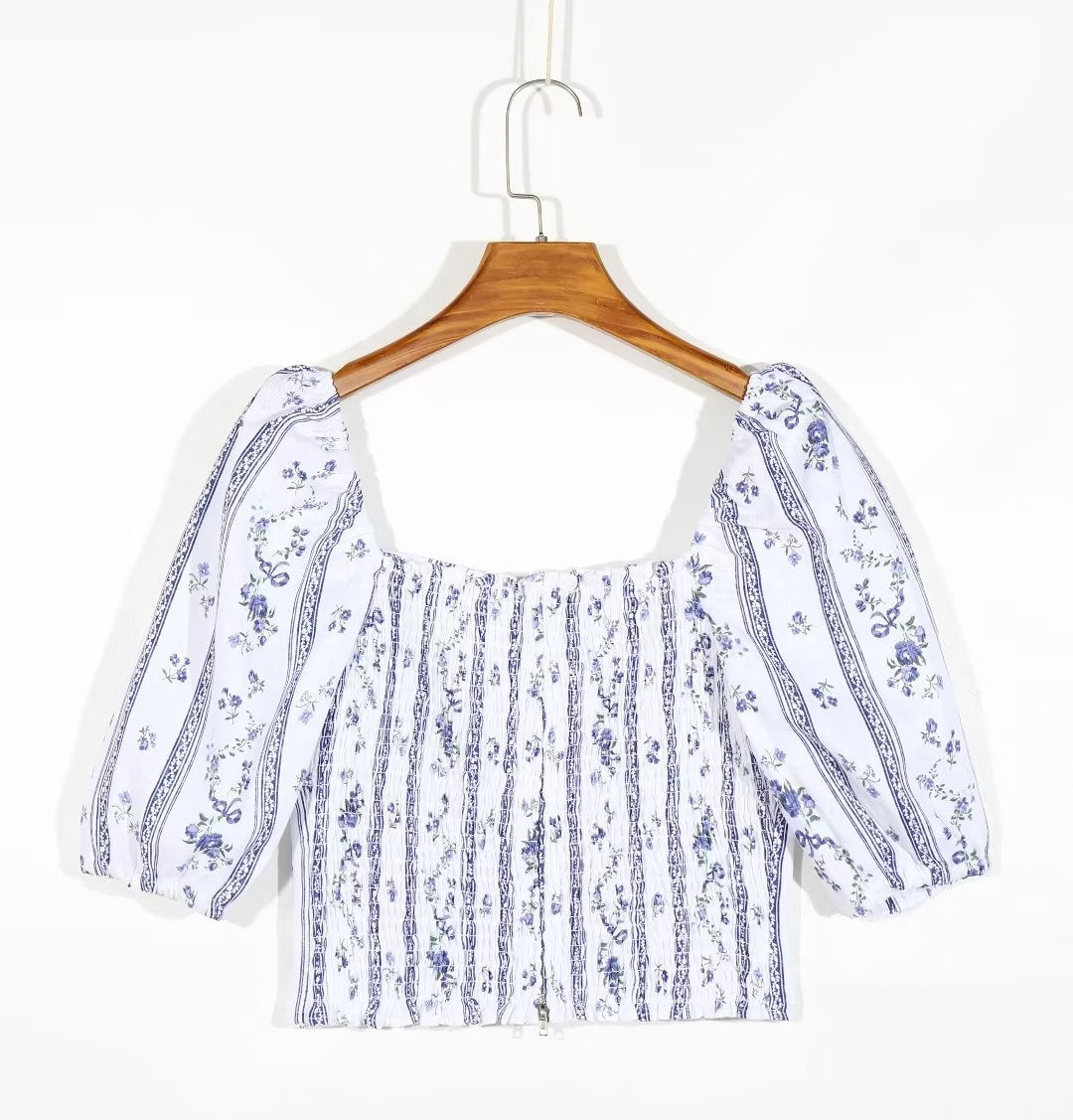 Blue Floral Puff Sleeve Crop Top | Striped Corset Top | noémi