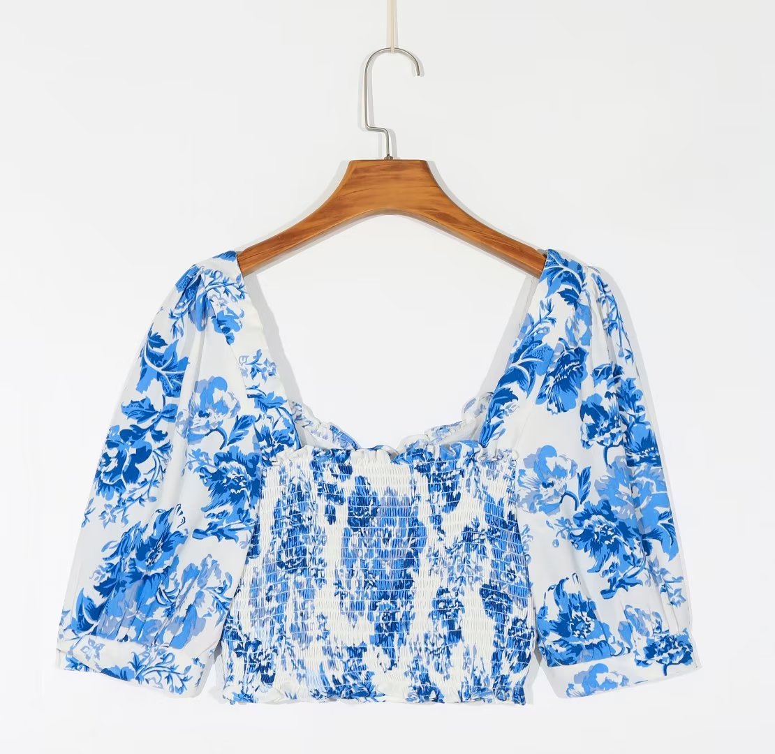 Floral Blue Puff Sleeve Crop Top | Square Neck | Blouse & Slim Fit | noémi