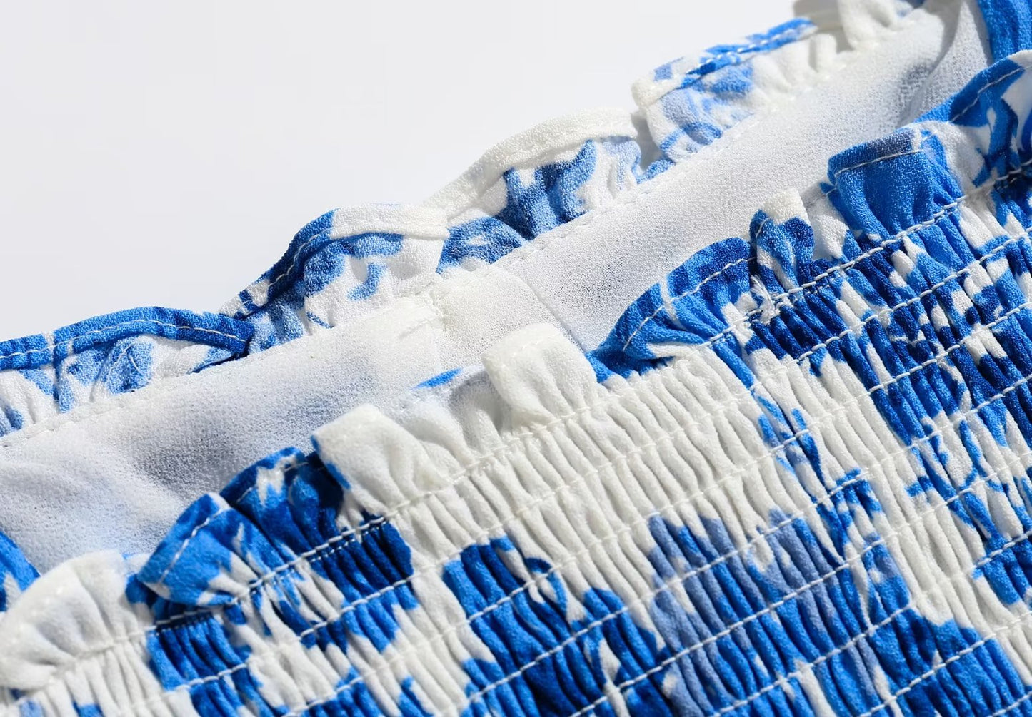 Floral Blue Puff Sleeve Crop Top | Square Neck | Blouse & Slim Fit | noémi