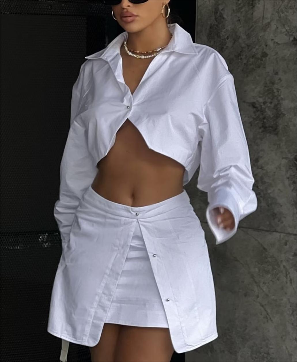 White Shirt & Mini Skirt Co ord | Button Up Crop Top & High Waist Skirt Set | noémi