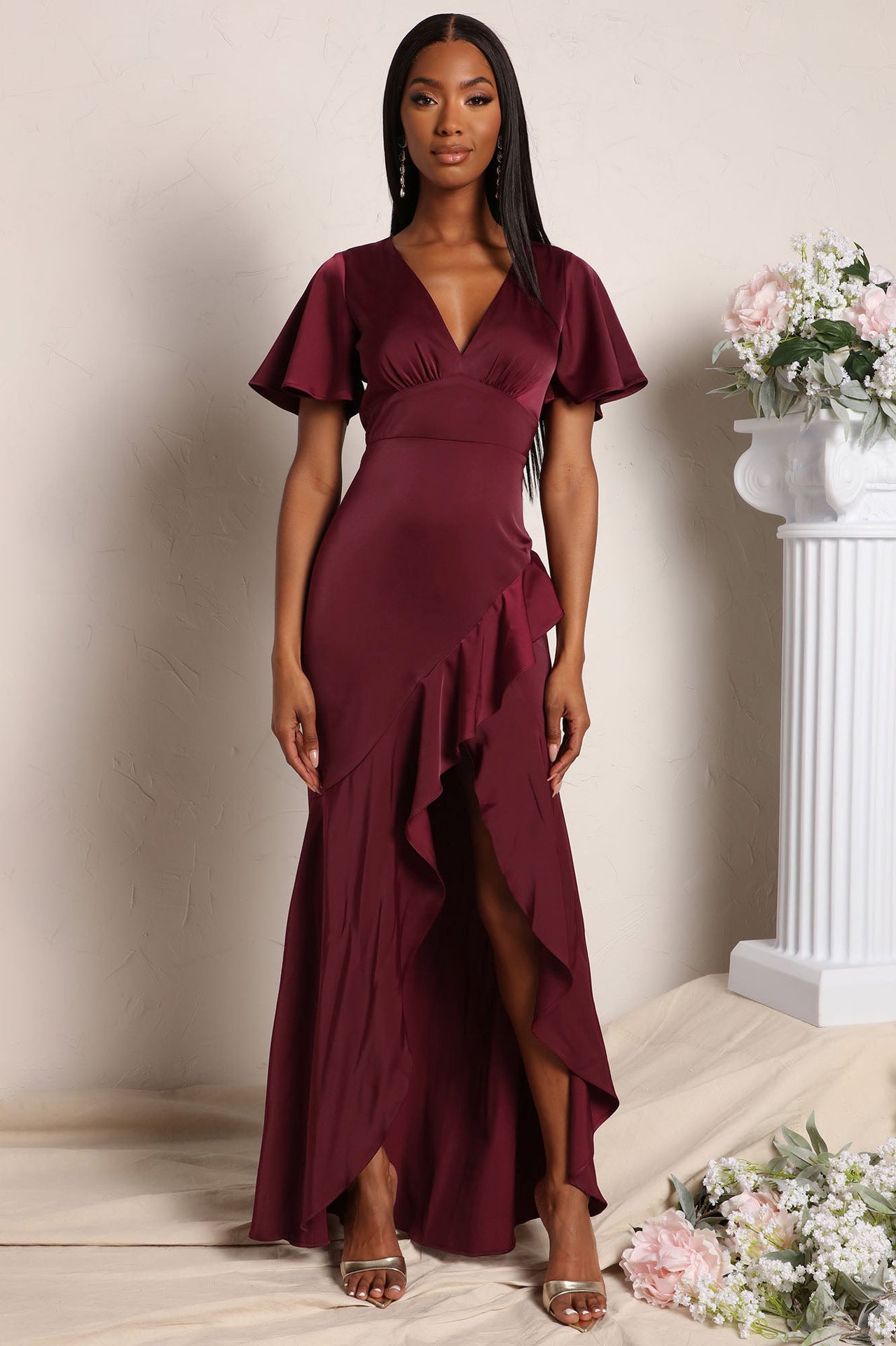 V Neck Bodycon Dress with Ruffled Asymmetrical Hem and Cinched Waist | noémi