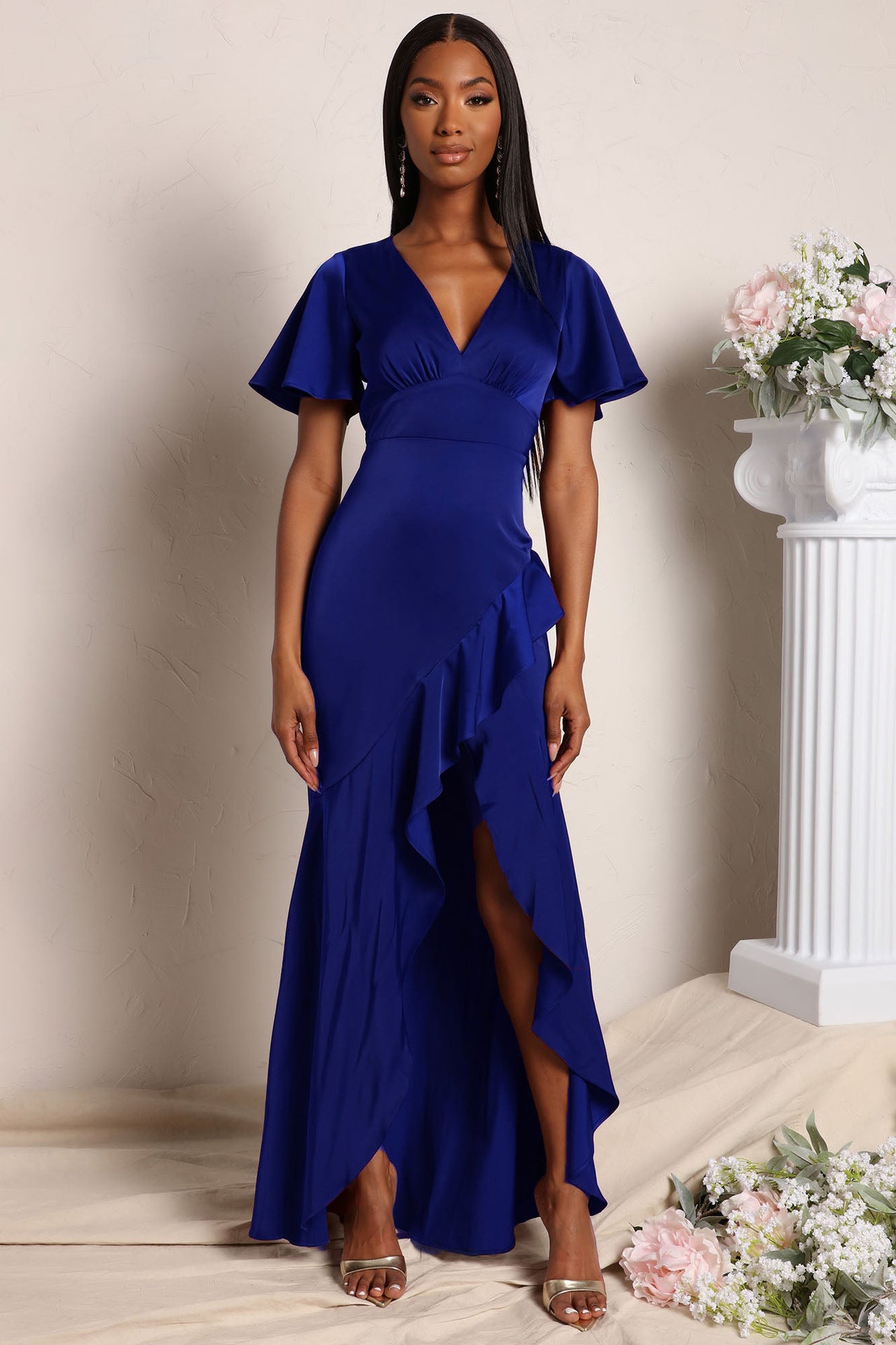 V Neck Bodycon Dress with Ruffled Asymmetrical Hem and Cinched Waist | noémi