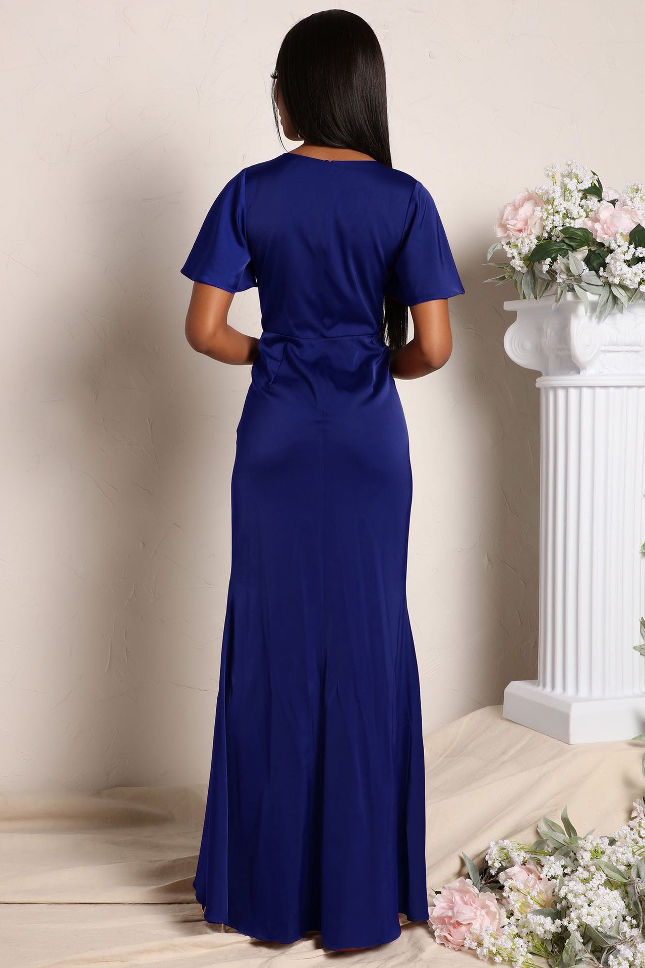 V Neck Bodycon Dress with Ruffled Asymmetrical Hem and Cinched Waist | noémi