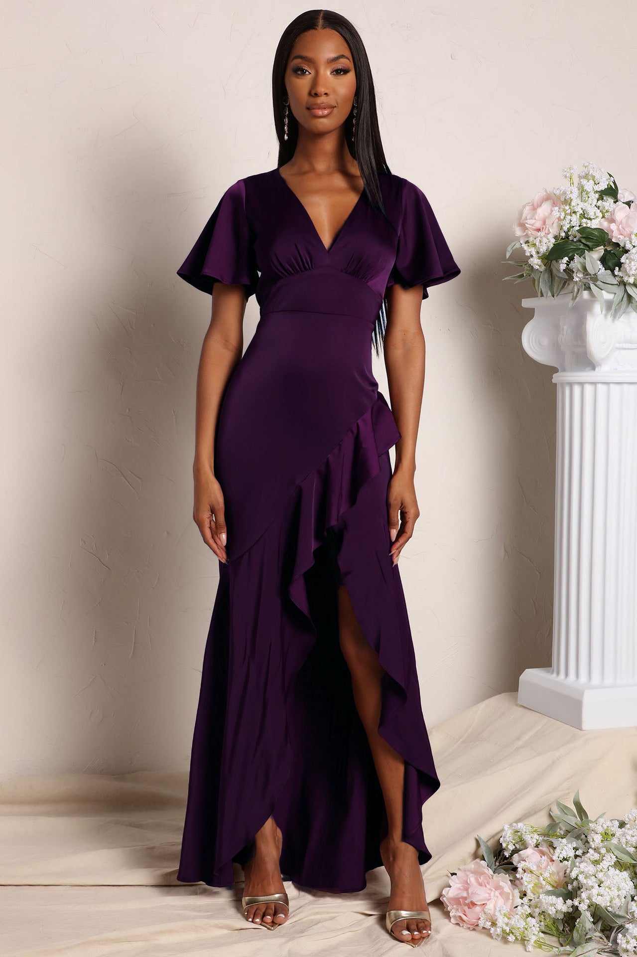 V Neck Bodycon Dress with Ruffled Asymmetrical Hem and Cinched Waist | noémi