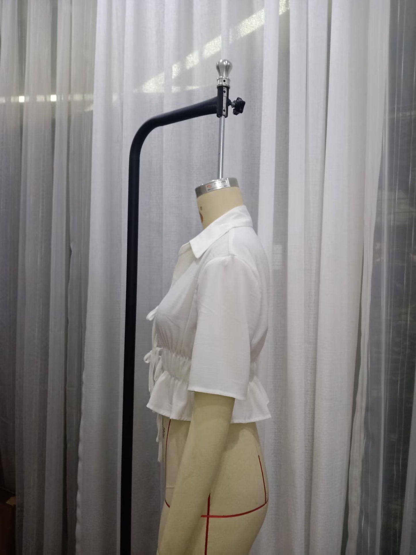 Womens White Cropped Blouse | Ruffle Hem Lace Up Waist Short Sleeve | noémi