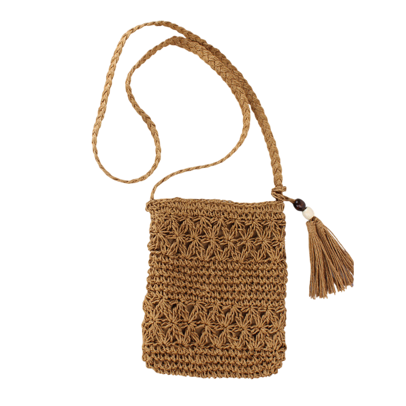 Natural Straw Hollow‑Cut Cross‑Body Bag – Tassel Accent, Hand‑Woven | noémi