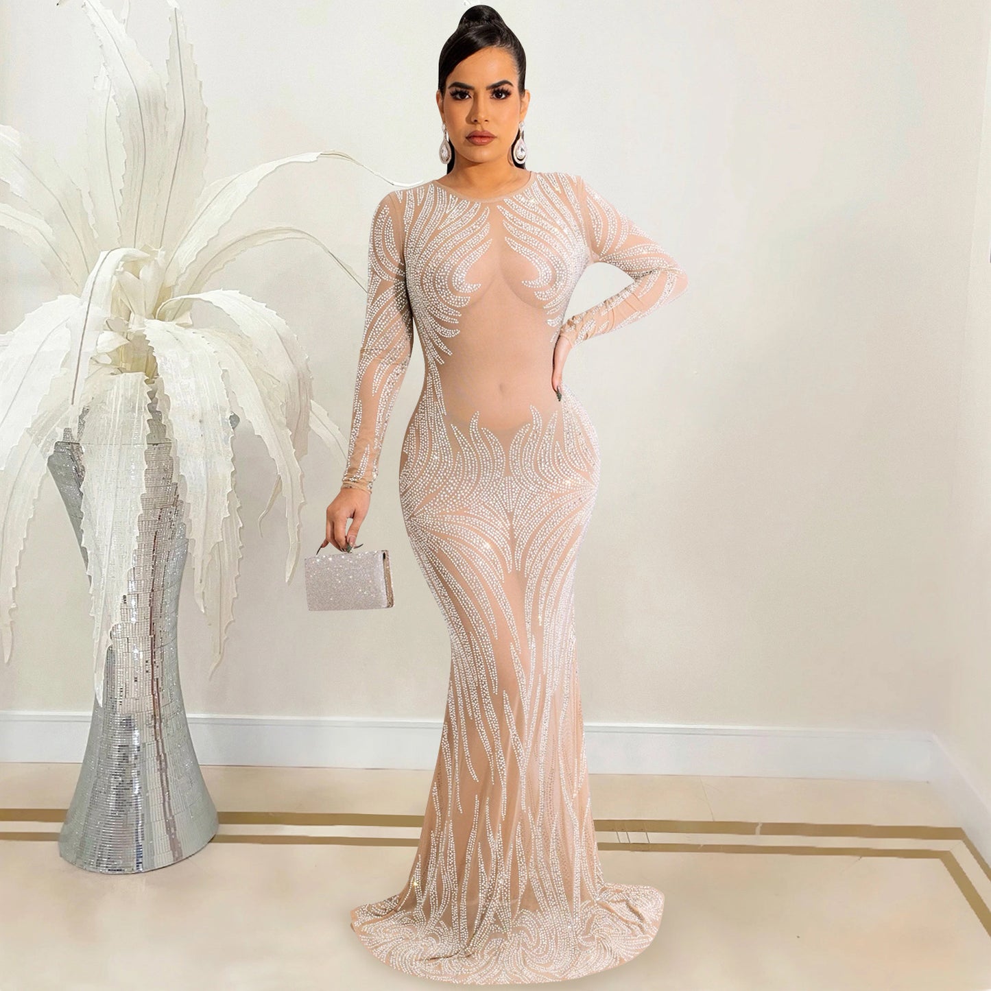 Sheer Mesh Rhinestone Bodycon Long Sleeve Dress For Women | noémi