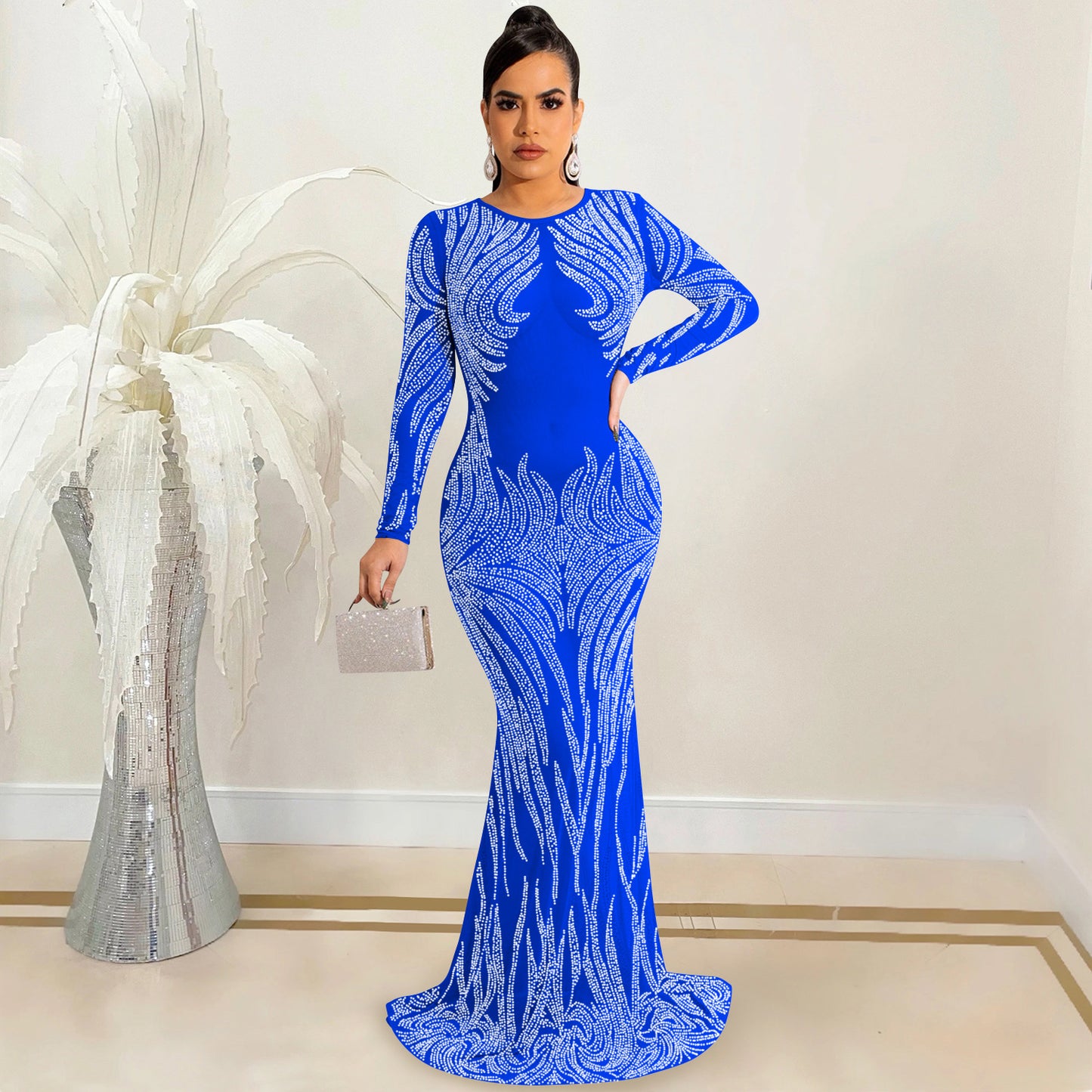 Sheer Mesh Rhinestone Bodycon Long Sleeve Dress For Women | noémi
