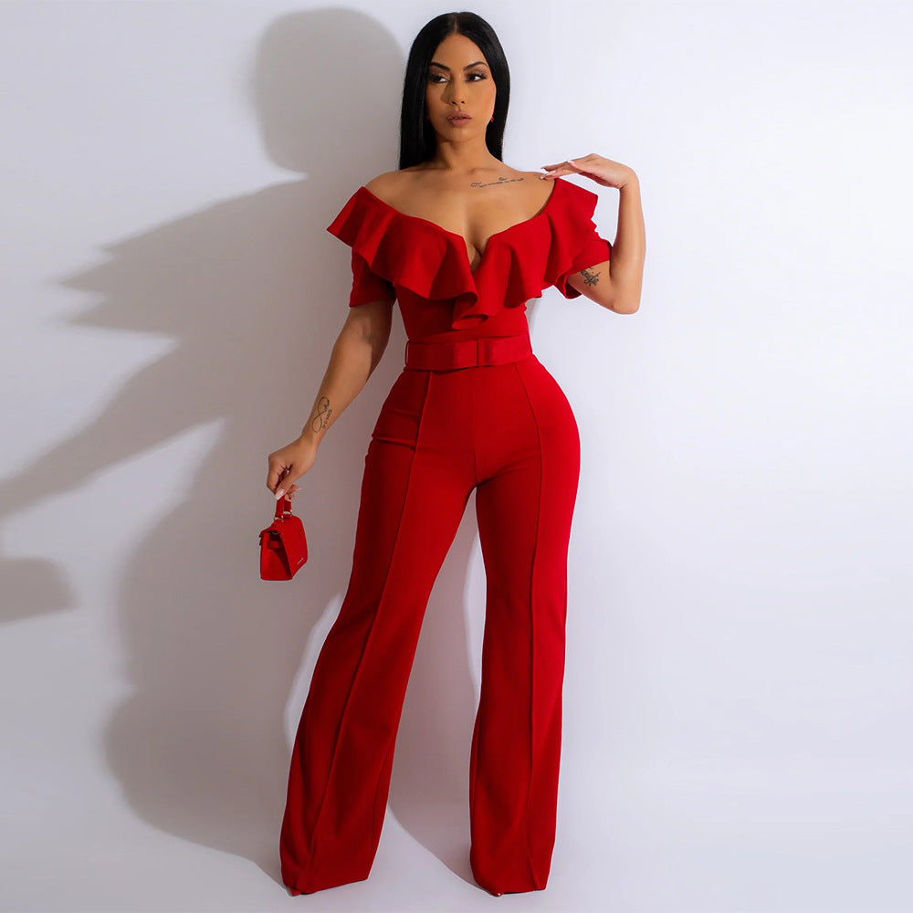 Women's V Neck Ruffle Flounce Jumpsuit | Waist Defining One Piece Outfit | noémi