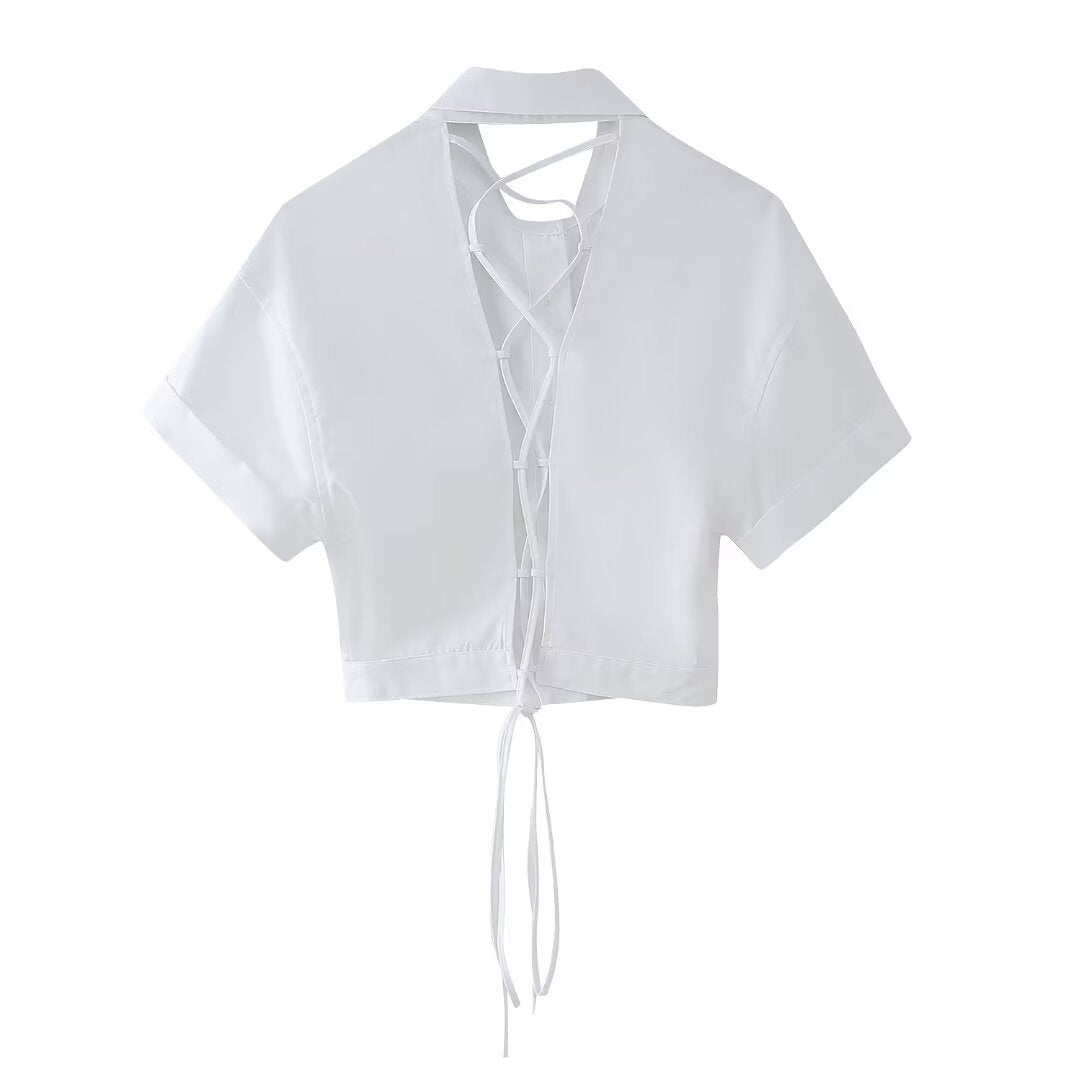 Womens Lace Up Back Short Sleeve Shirt | noémi