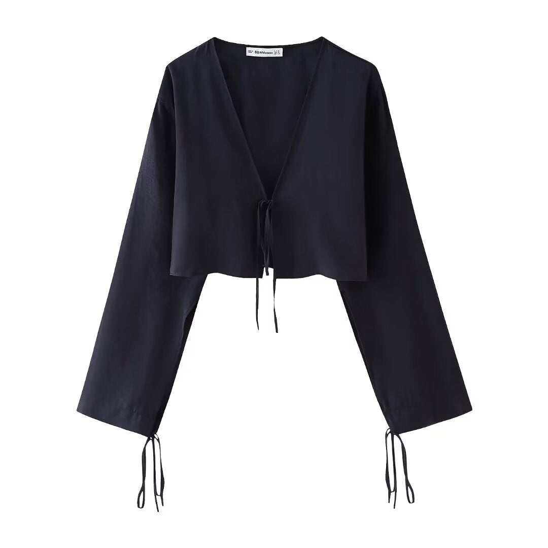 Bow Tie VNeck Draped Blouse | Cropped Long Sleeve Top | noémi