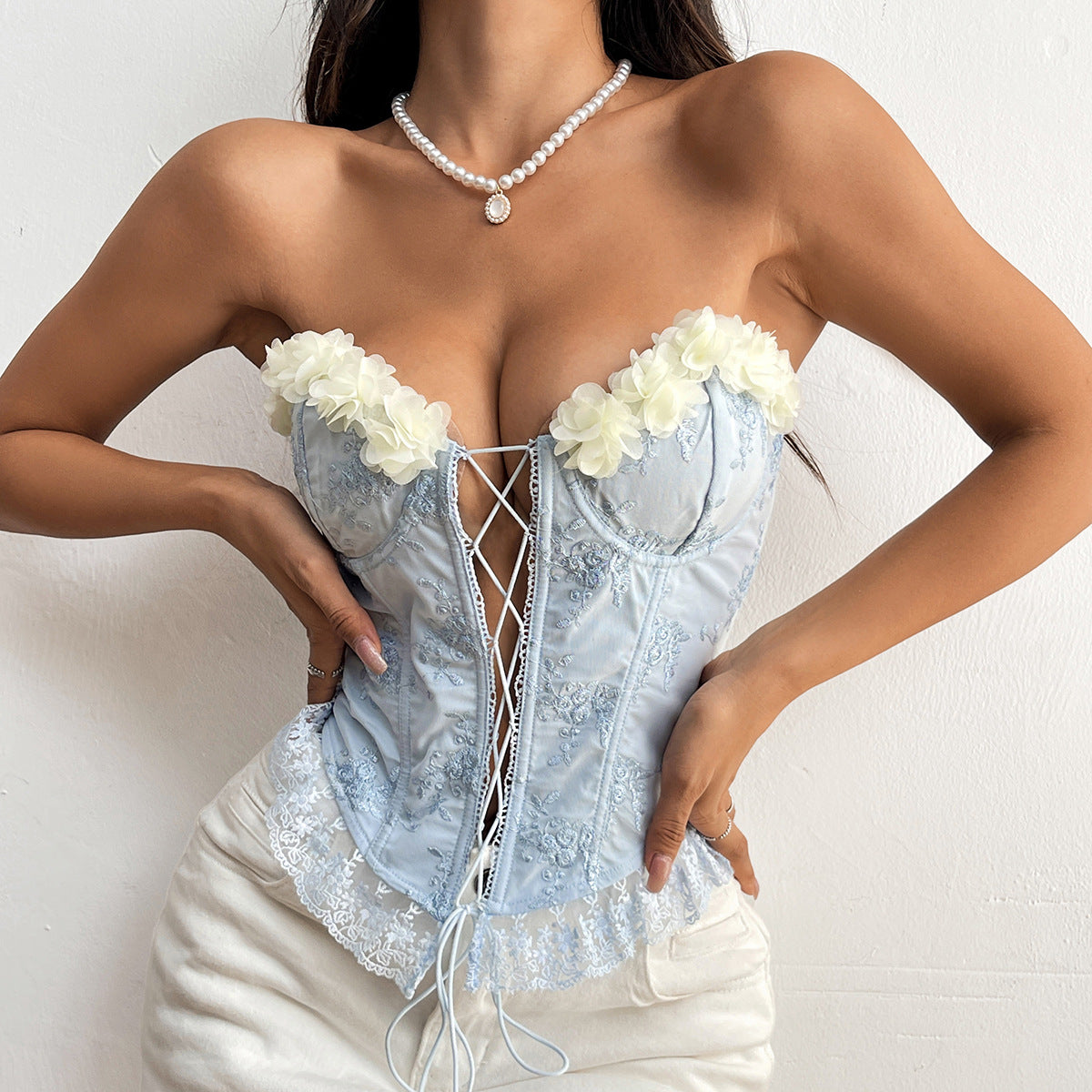 Handmade Floral Lace Corset Top with Boning and Flounce Trim | noémi
