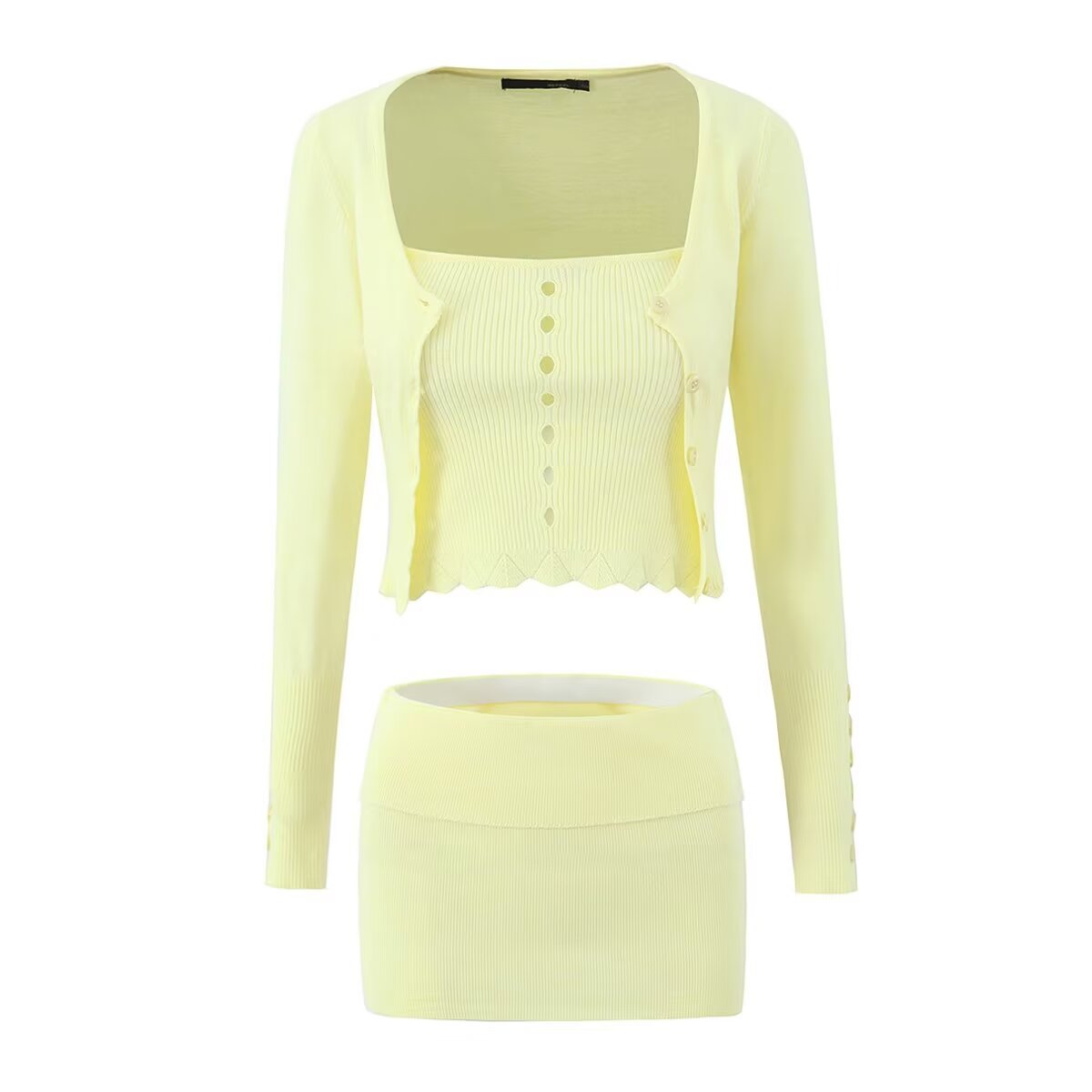 Knitted Three Piece Set | A Line Skirt Sheath Dress Hollow Out Black Cardigan with Flanged Wrap Chest Detail | noémi