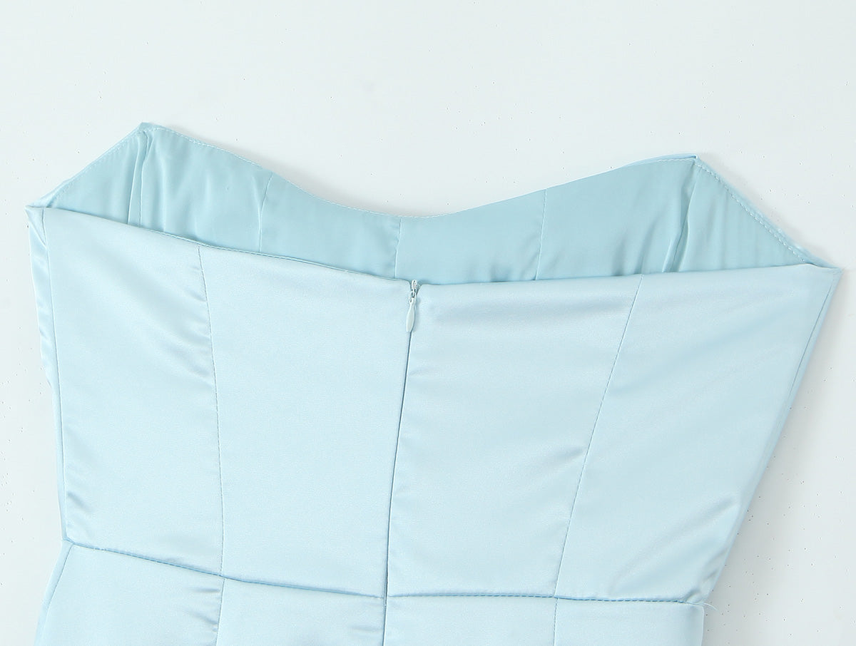 Ice Blue Satin Strapless Ruched Mini Dress | Bodycon Cocktail Party Dress | noémi