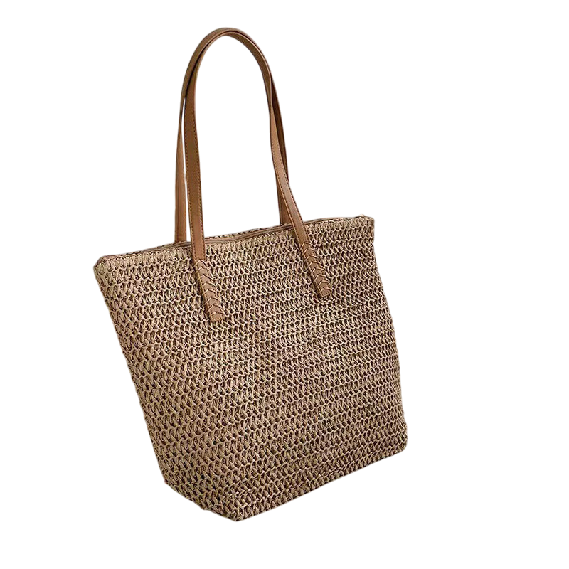 Large-Capacity Straw Shoulder Tote Bag – Hand-Woven Natural Brown | noémi