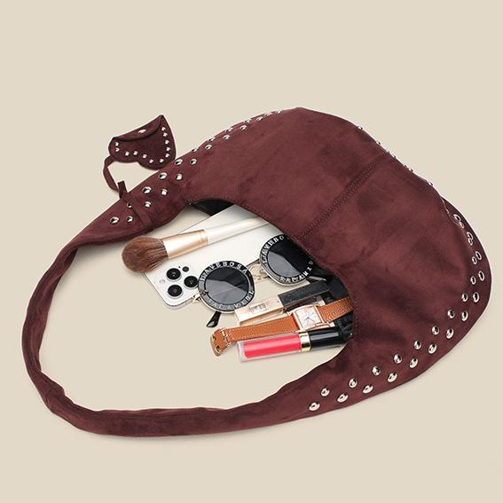 Suede Crescent Bag | Rivet Detail, Frosted Finish, Crossbody & Shoulder Tote | noémi