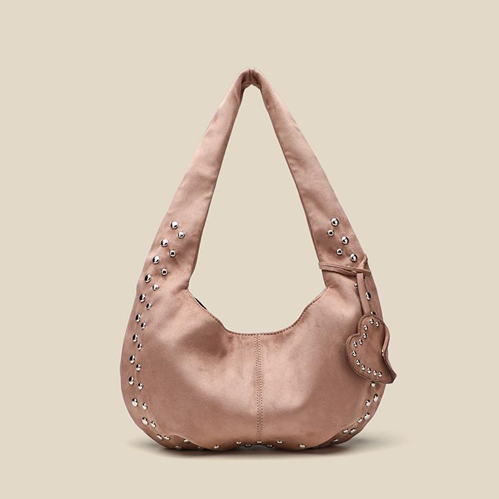Suede Crescent Bag | Rivet Detail, Frosted Finish, Crossbody & Shoulder Tote | noémi