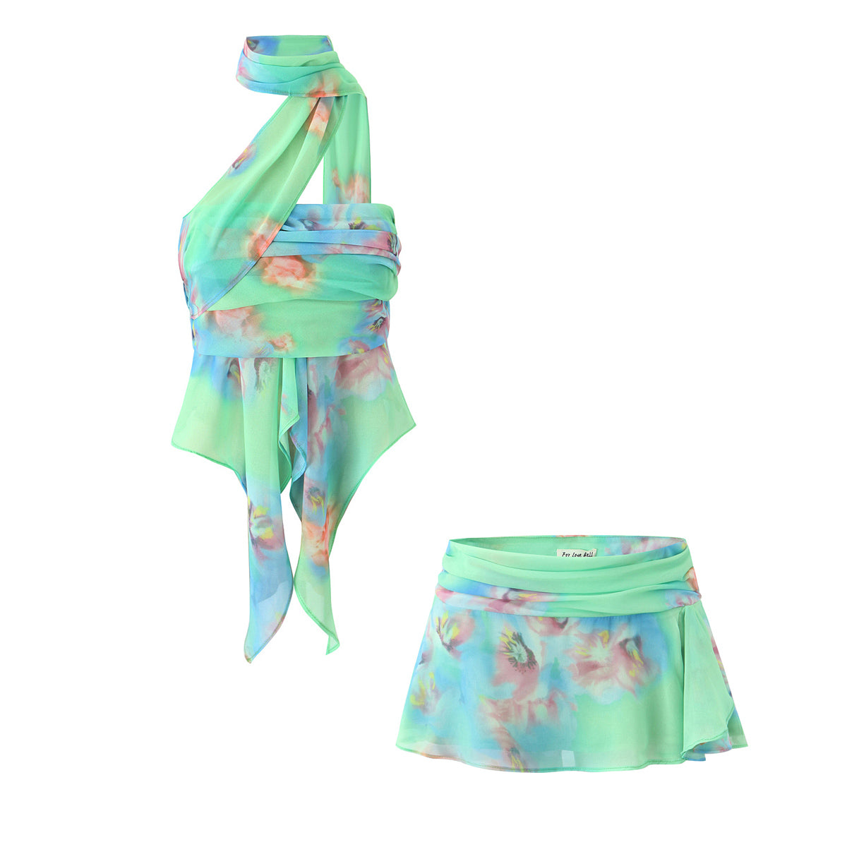 Green Floral Halter Top & Skirt Set | Off Shoulder Camisole | noémi