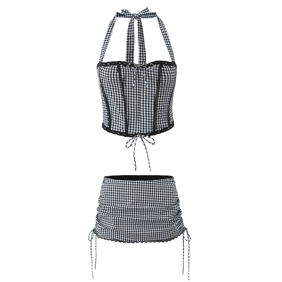 Womens Black & White Gingham Halter Corset Top & Drawstring Skirt Set | Two Piece Matching | noémi