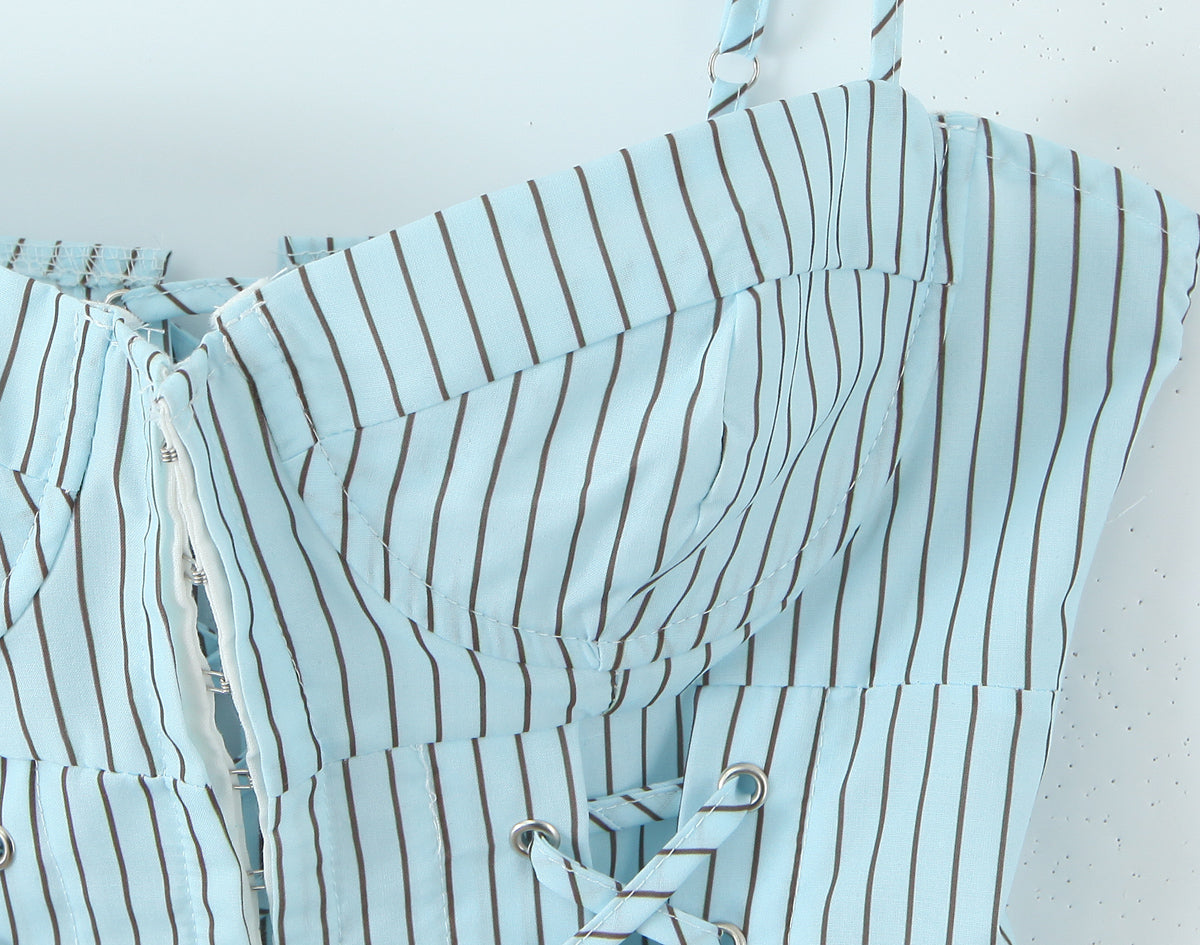 Blue Striped Tube Top with Adjustable Straps | Cinched Waist Slim Fit Vest for Women | noémi