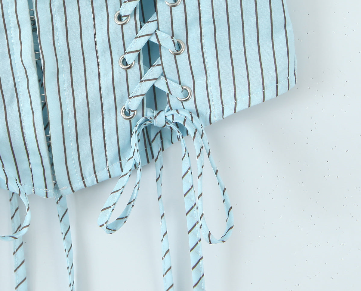 Blue Striped Tube Top with Adjustable Straps | Cinched Waist Slim Fit Vest for Women | noémi