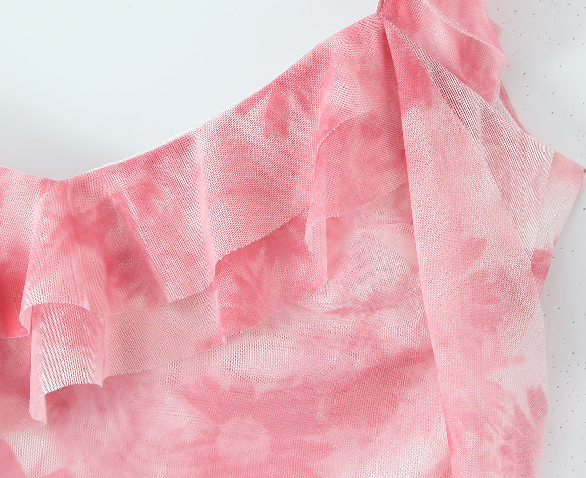 Spring Tie Dye Two Piece Set for Women | Ruffle Spaghetti Strap Top Irregular Mini Skirt | noémi