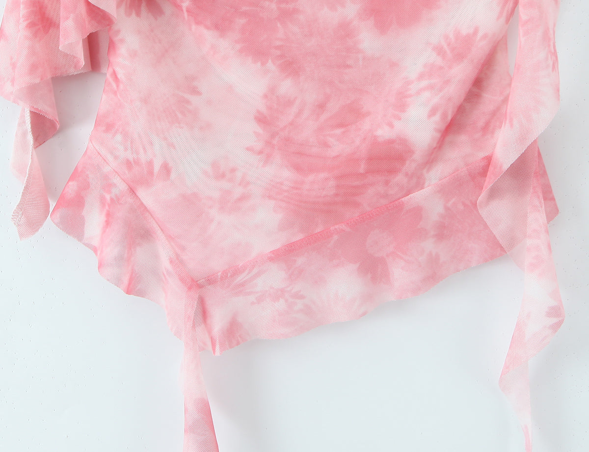 Spring Tie Dye Two Piece Set for Women | Ruffle Spaghetti Strap Top Irregular Mini Skirt | noémi