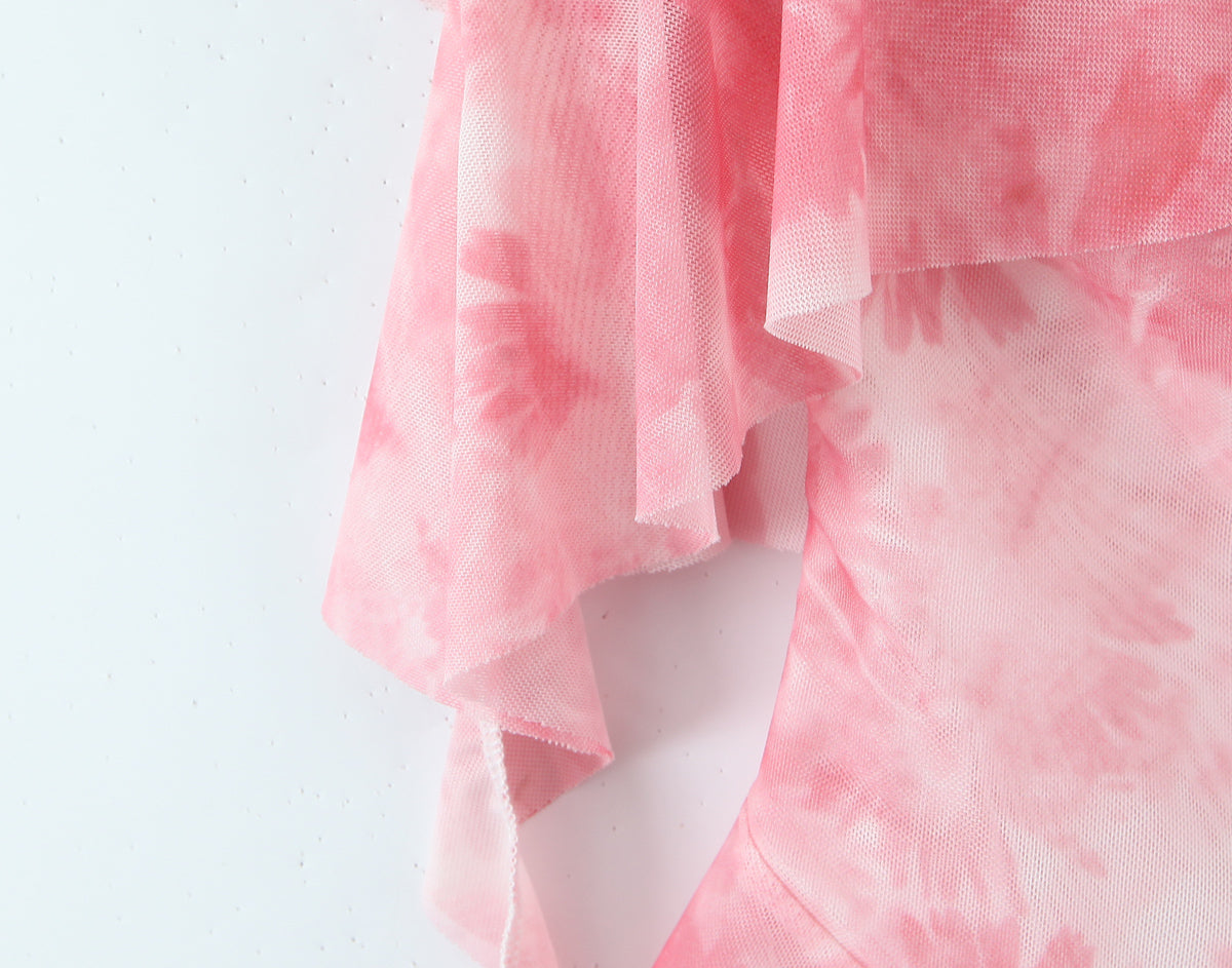 Spring Tie Dye Two Piece Set for Women | Ruffle Spaghetti Strap Top Irregular Mini Skirt | noémi