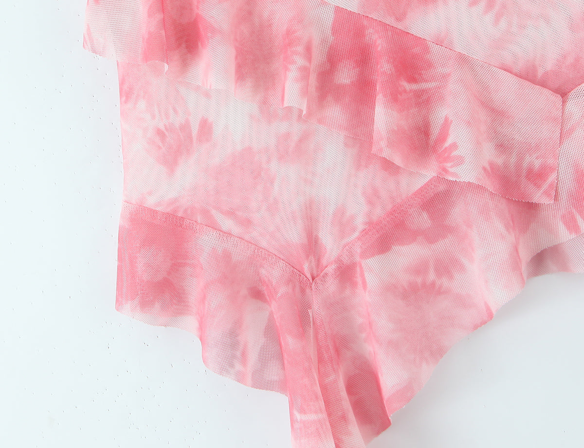 Spring Tie Dye Two Piece Set for Women | Ruffle Spaghetti Strap Top Irregular Mini Skirt | noémi