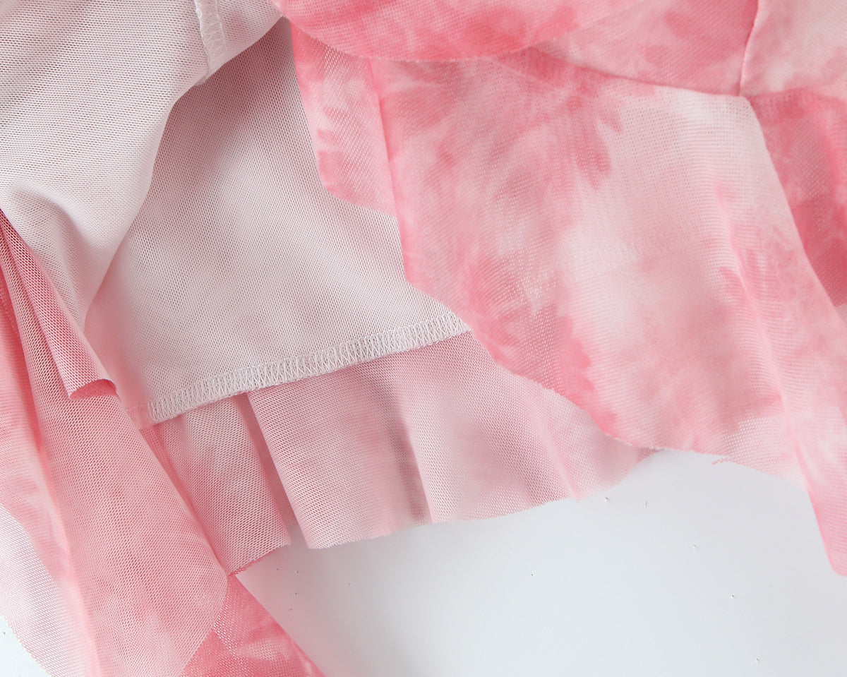 Spring Tie Dye Two Piece Set for Women | Ruffle Spaghetti Strap Top Irregular Mini Skirt | noémi