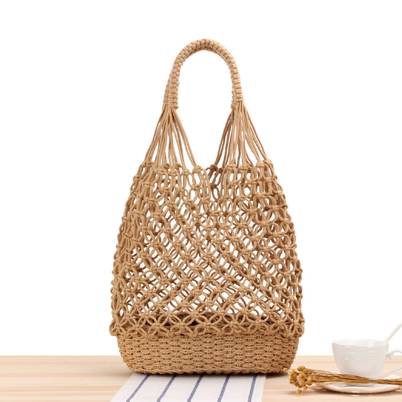 Hollow Out Cutout Shoulder Straw Bag | Handmade Woven Mesh Tote for Beach | noémi