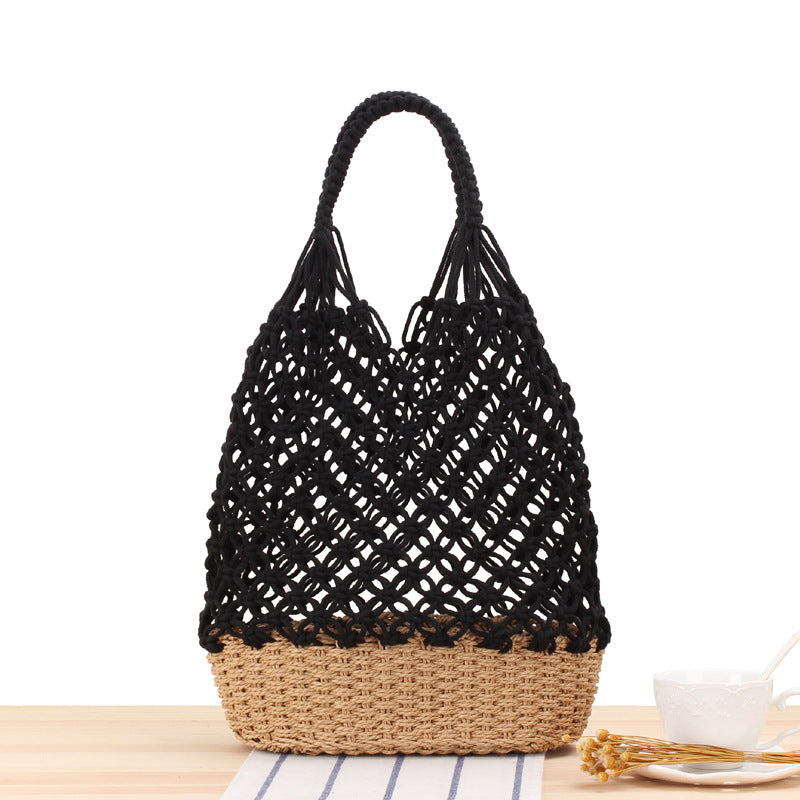 Hollow Out Cutout Shoulder Straw Bag | Handmade Woven Mesh Tote for Beach | noémi