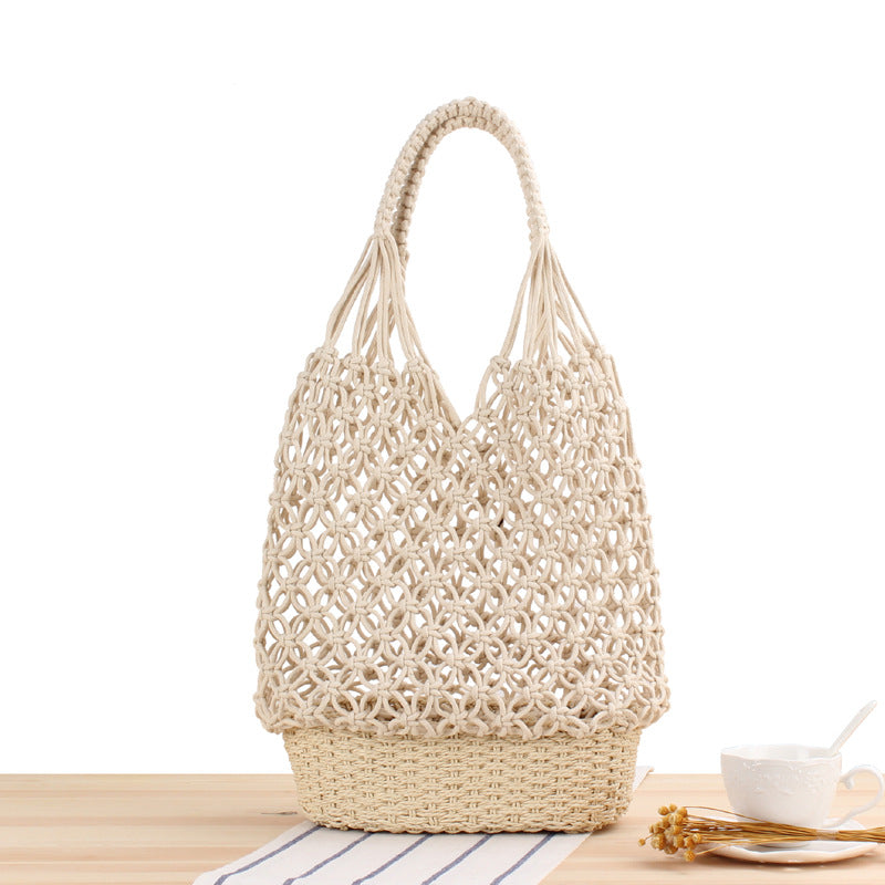 Hollow Out Cutout Shoulder Straw Bag | Handmade Woven Mesh Tote for Beach | noémi