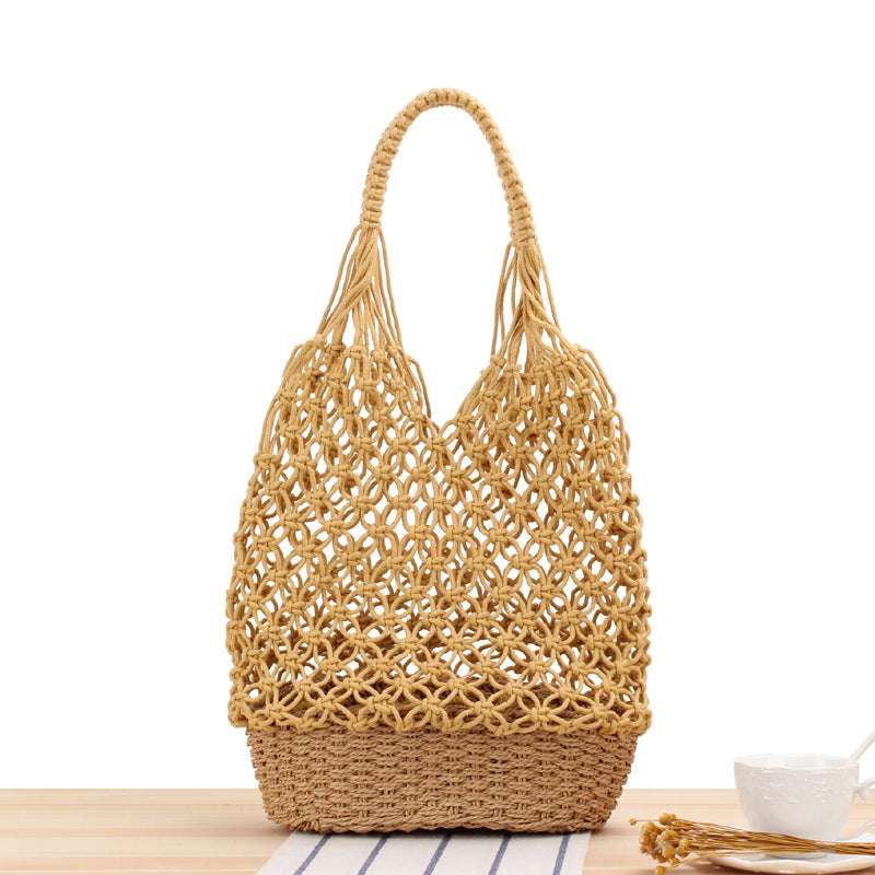 Hollow Out Cutout Shoulder Straw Bag | Handmade Woven Mesh Tote for Beach | noémi