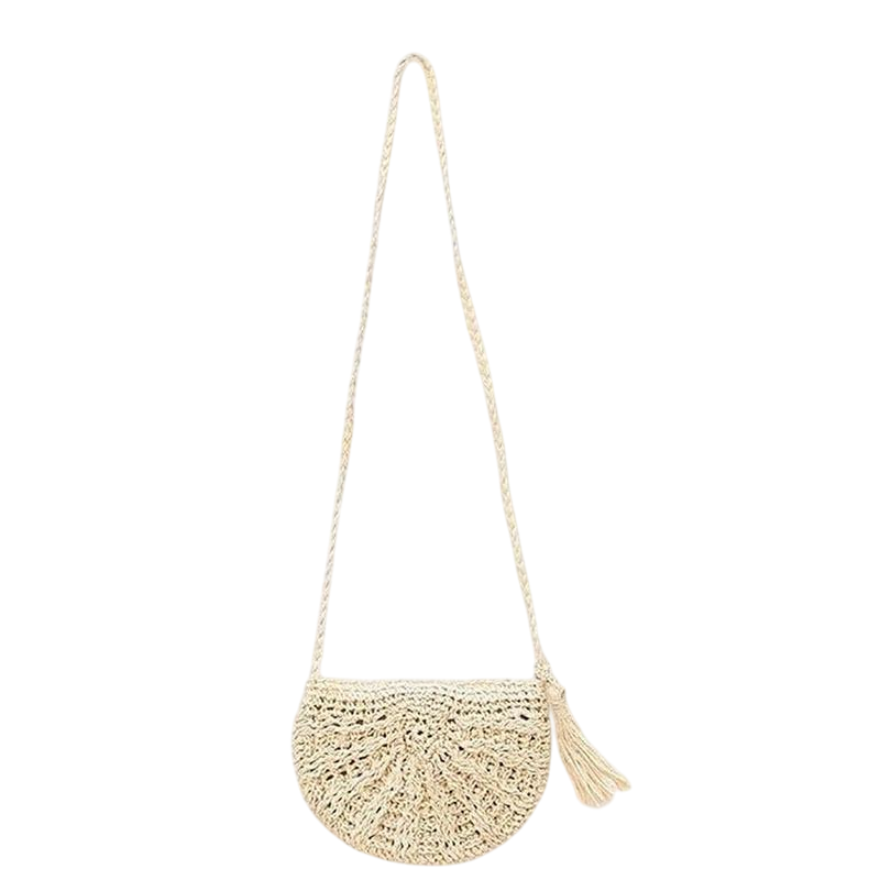 Handwoven Round Straw Crossbody Bag – Tassel Crochet Beach Tote, Brown | noémi