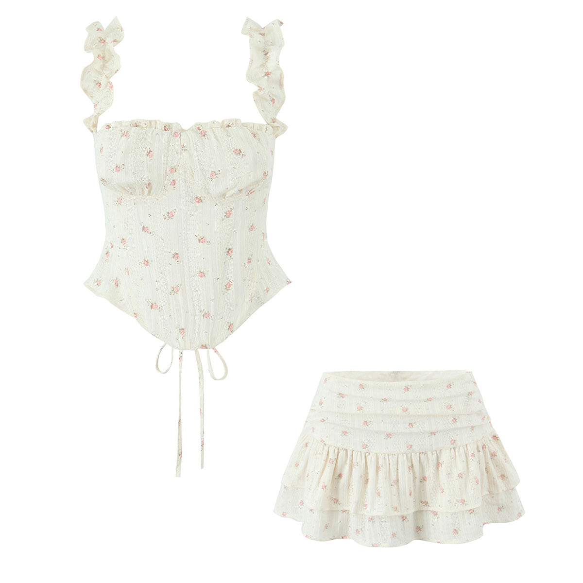 Apricot Floral Two Piece Set | Slim Fit Ruffled Crop Top & Mini Skirt | noémi