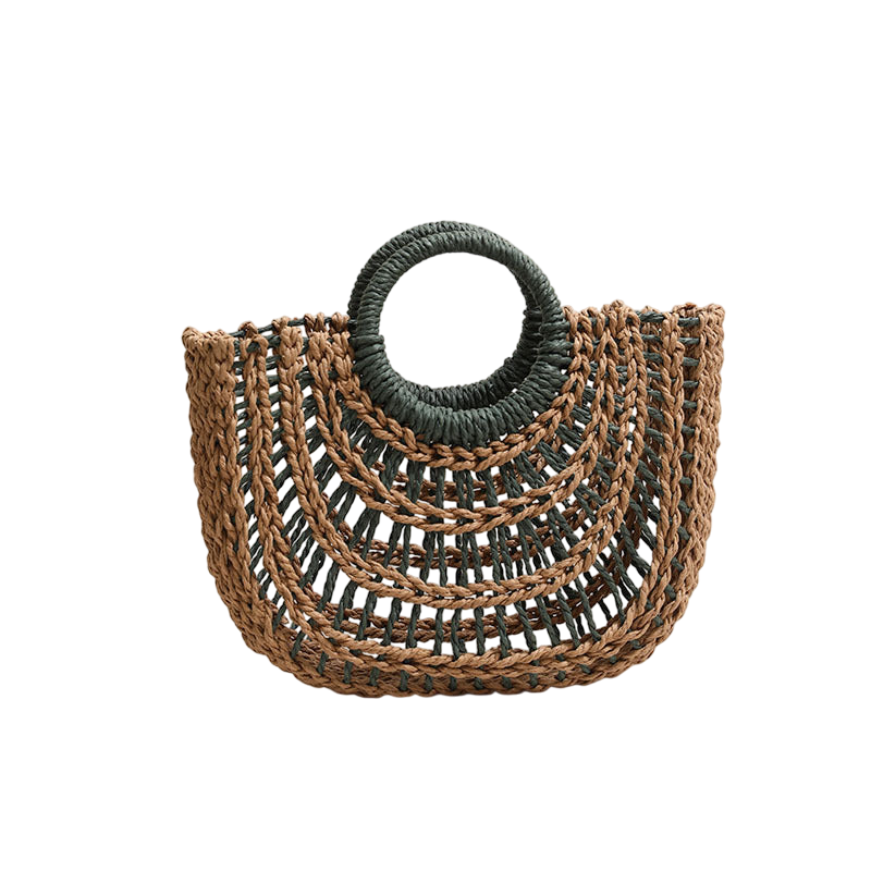 Straw Half-Moon Tote Bag – Hollow-Out Weave, Round Handle, Natural/Coffee | noémi