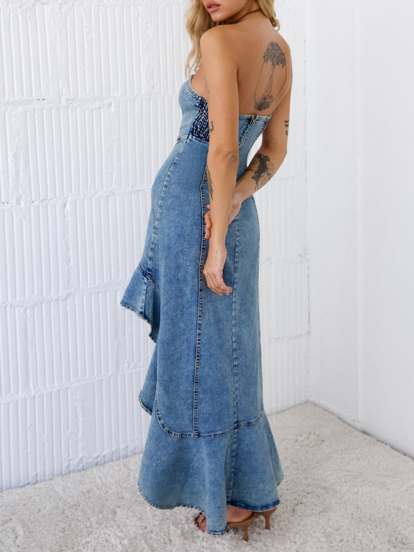Women’s Strapless Denim Corset Fishtail Dress | Slim Fit, Asymmetrical Hem | noémi