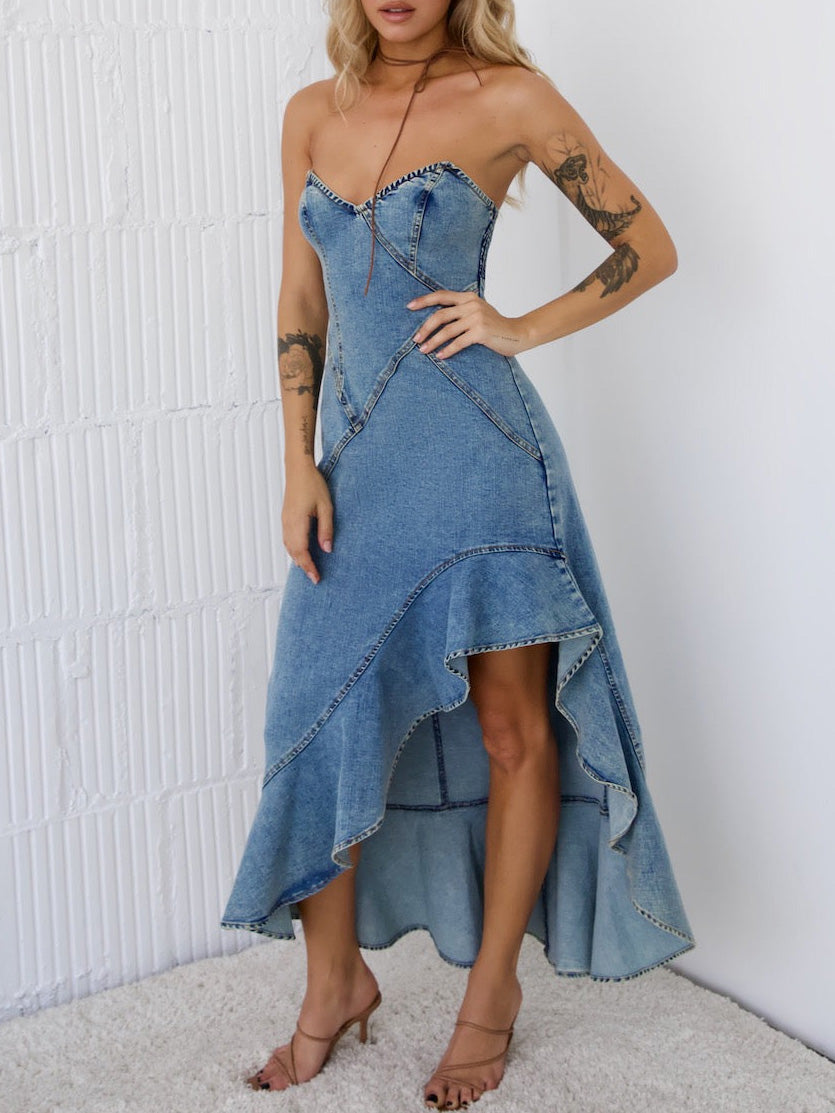 Women’s Strapless Denim Corset Fishtail Dress | Slim Fit, Asymmetrical Hem | noémi