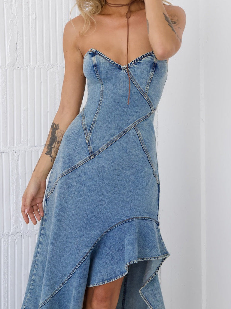 Women’s Strapless Denim Corset Fishtail Dress | Slim Fit, Asymmetrical Hem | noémi