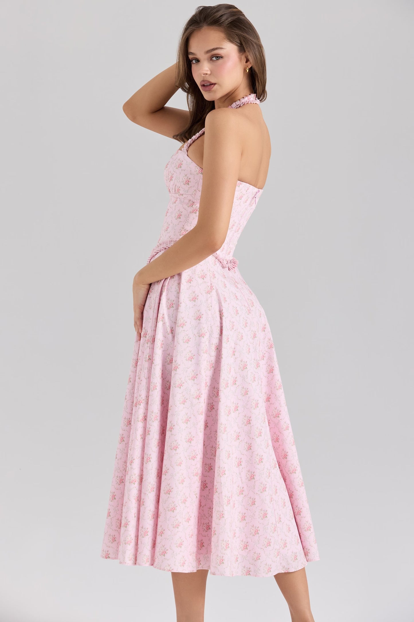 Pink Floral Halter Midi Dress | Backless, Slim Fit | noémi
