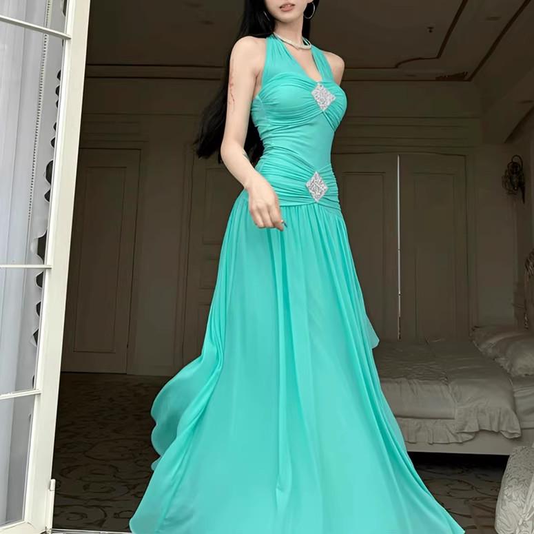 Womens Mesh Beaded Halterneck Swing Dress with Lace Up Detail | noémi