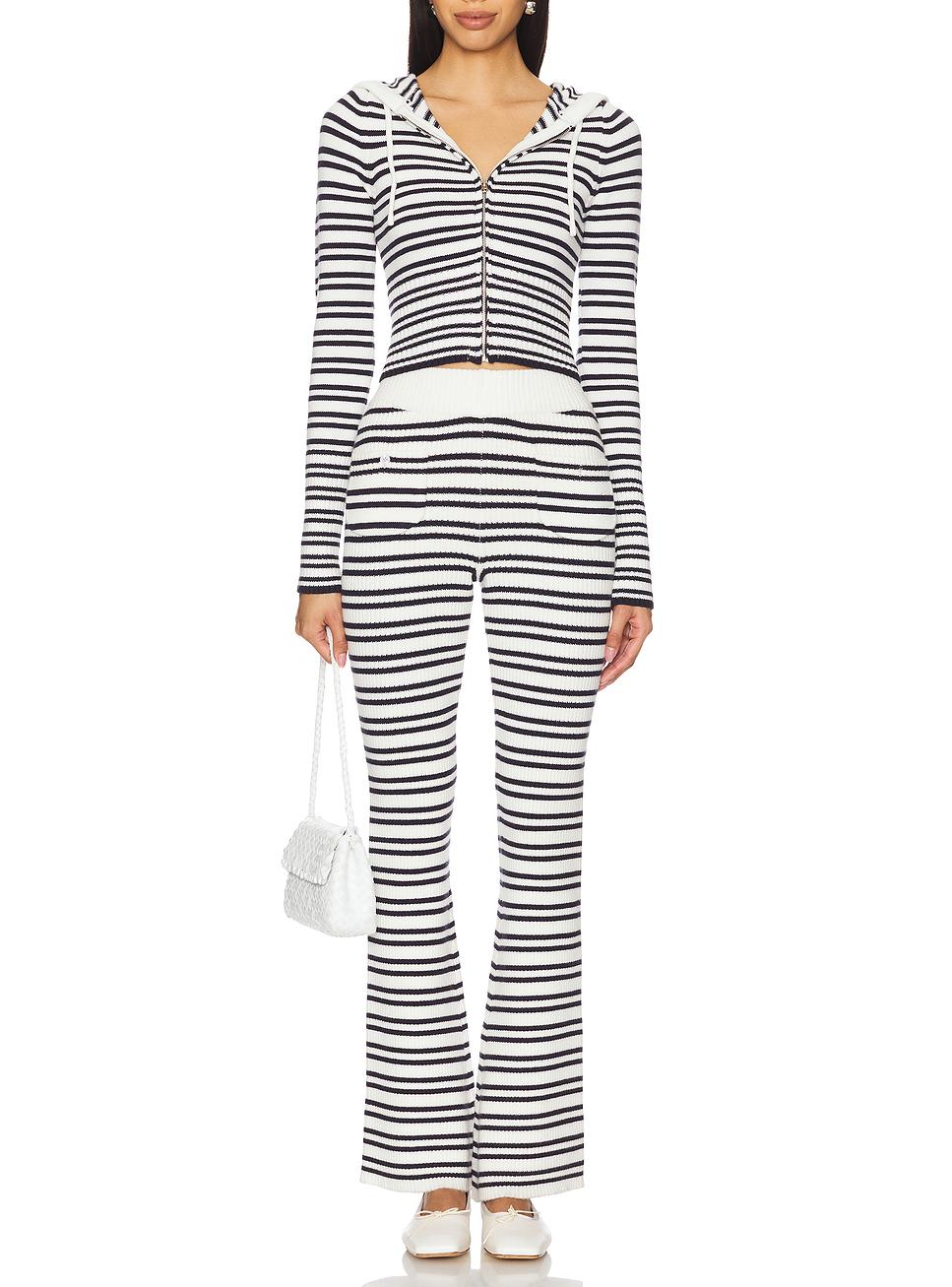 Womens Striped Three Piece Set | Slim Fit Knit Cardigan, Bootcut Trousers & Hooded Top | noémi