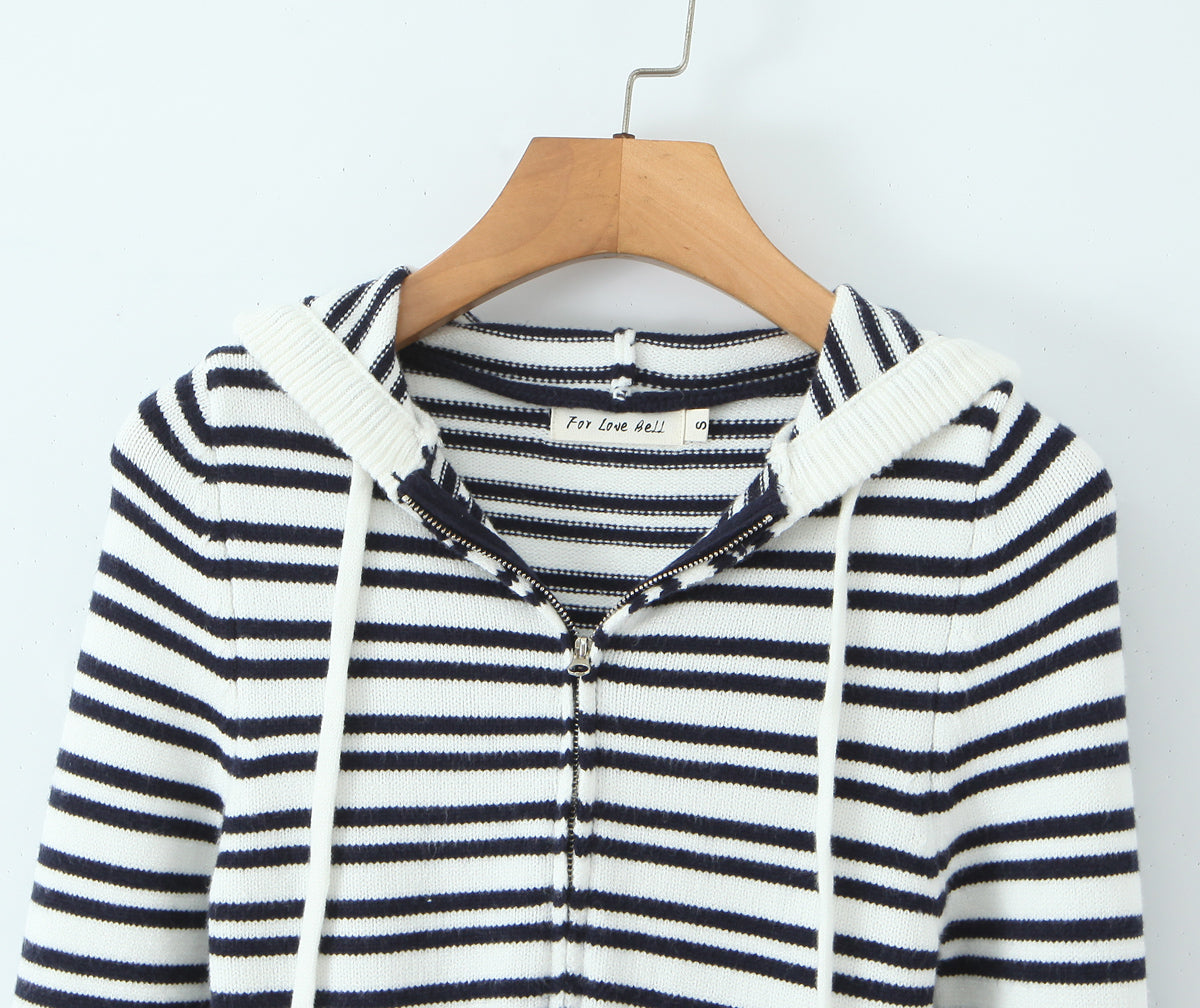 Womens Striped Three Piece Set | Slim Fit Knit Cardigan, Bootcut Trousers & Hooded Top | noémi