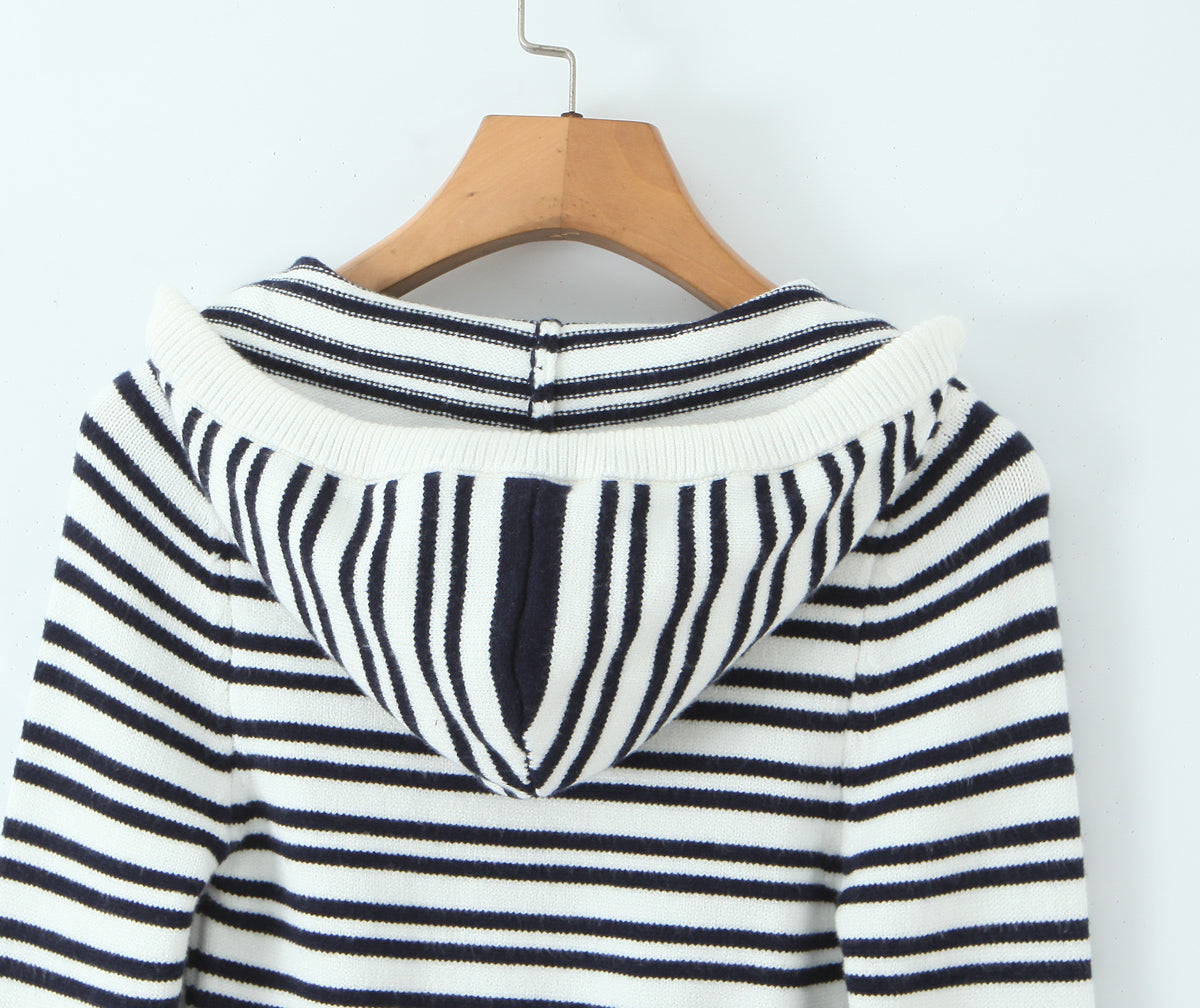 Womens Striped Three Piece Set | Slim Fit Knit Cardigan, Bootcut Trousers & Hooded Top | noémi