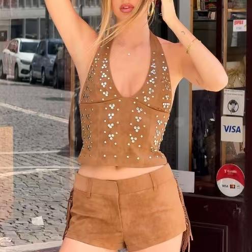 2 Piece Set for Women | Backless Halter Vest & Tassel Fringe Shorts | noémi