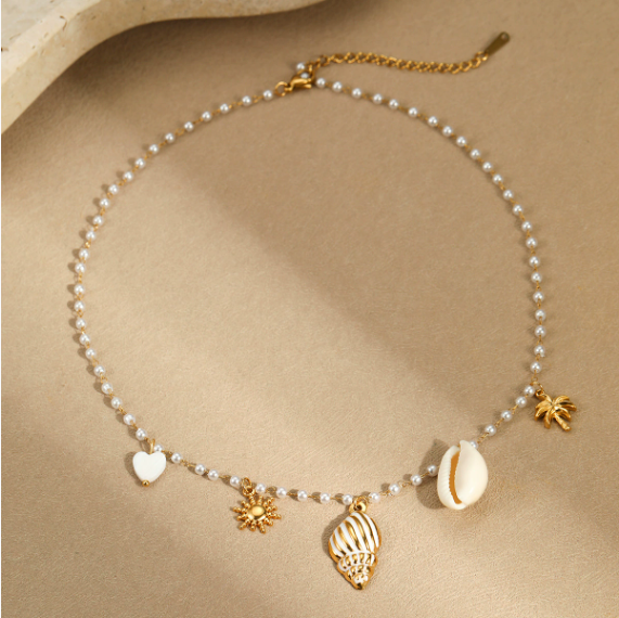 Marine Charm Pearl Necklace | Gold Stainless Steel Conch & Shell Pendant Choker | noémi