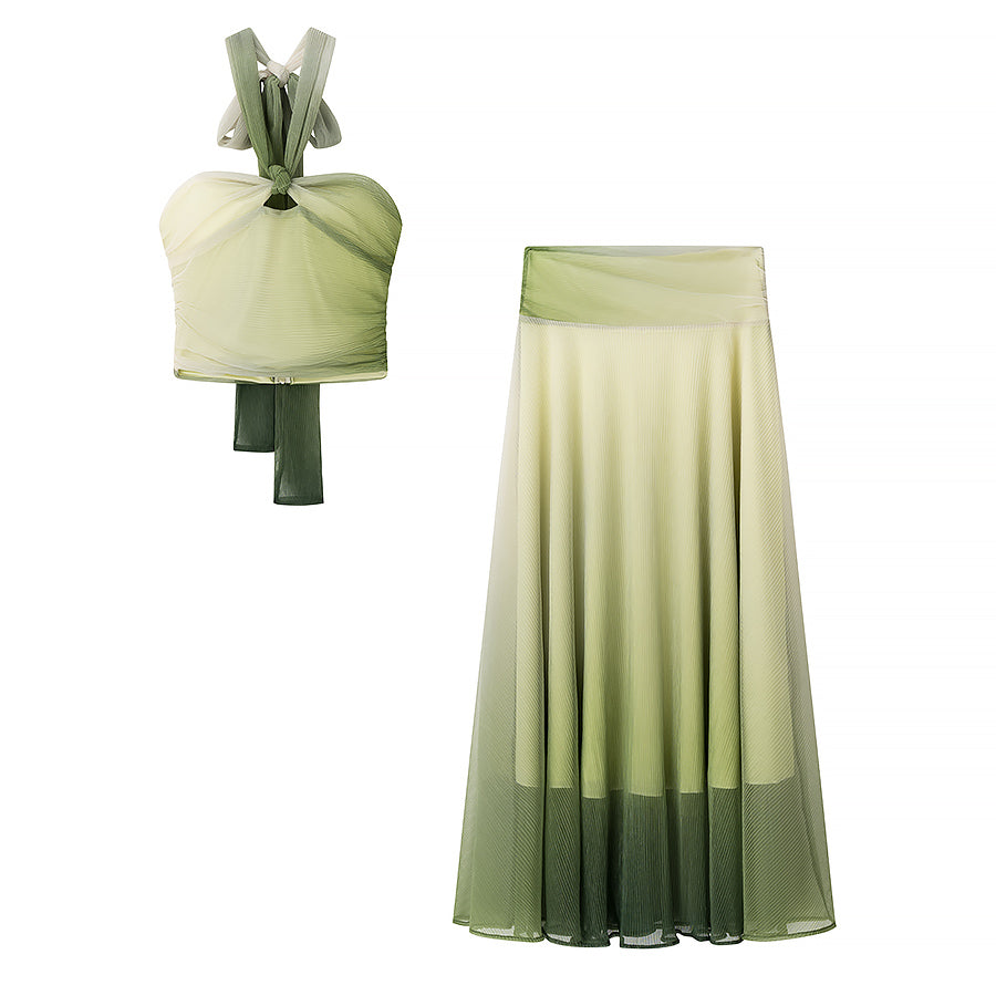 2 Piece Green Gradient Set | Pleated Crop Top & Flowing Maxi Skirt | noémi